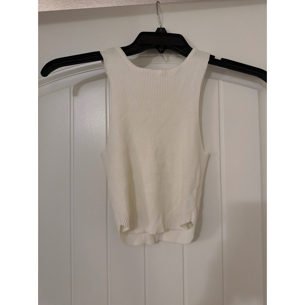 White Ribbed Knit Sleeveless Cropped Tank Top High Neck Shell 2108896 Size S